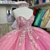 2024 Quinceanera Dresses Pink 3D Floral Appliques Ball Gown Off Shoulder Crystal Beads Corset Back Sweet 16 Pageant Prom Gowns 0513