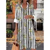 Casual Dresses 2024 Summer Fashion Striped Pineapple Print Women's Suit Collar Long Sleeve Dress Everyday Loose Comfortable S-5XL