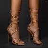 Sandaler Sexig guld Snakskin Leather Ankle Wrap High Heel Point Toe Thin Heels Pet Banket Party Shoes Size 46