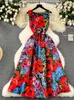 Abiti casual Donne eleganti Stampare abiti lunghi estate Slim Slim Sleeveless Vintage Party Ladies A-Line Giallo Floral Vestidos