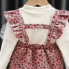 Robes de fille automne enfants vêtements de fille robe robe et manches longues hauts à manches longues + bretelles 2pcs fleur robe princesse robe deux pièces pour enfants a854