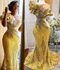 2023 Plus size Arabische Aso Ebi Gold Luxueuze sprankelende prom -jurken Garnes kristallen Stijlvolle avond formeel feest tweede receptie jurken jurk 0509