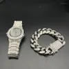 Hip Hop Mens Watches armbanden set Fashion Diamond Iced Cubaanse ketting Gold Silver Watch Set met Box 20191 277X