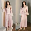 Frauen Robe Frauen langes Nachthemd rotes Bademantel Kleid elegante Federhülle Nachtkleidung Rayon Kimono Robe Set Loungewear Intimes Dessne