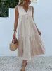 Grundläggande avslappnade klänningar Jim Nora Casual Summer Midi Dress Womens ärmlös Tank Top V-Neck-knapp Ruffled Loose Dress Beach Solid Sundress Fashion XW