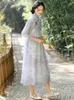 パーティードレスジョンチーズチャイニーズスタイルの女性ドレススタンドボタンハーフスリーブ2024春のヴィンテージ服ラミー高品質