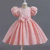 Mädchenkleider M122 Kinderkleid Girls Prinzessin Pailletten Bubble Sleeve Long Mesh Blume Mädchen Hochzeit Little Sommer T240509