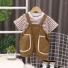 Kleidungssets 2024 Korean Fashion Baby Boy Kleidung 18 bis 24 Monate Striped Short Sleeve T-Shirts Overalls Tracksan für Kinder Jungen Outfit Set