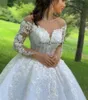 Sparkly Wedding Dress Sheer V-neck Long Sleeves 2023 Lace Appliqus Beaded Pageant Bridal Gowns Custom Made Robe De Mariage