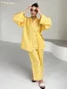 CLACIVE Casual Yellow Stripe Home Suits Elegant High midje breda byxor Set Fashion Long Sleeve Shirts Two Piece Women Outfit 240423