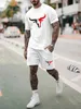 Men's Tracksuits 100% pure cotton mens summer short T-shirt+shorts set Y240508