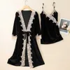 Women's Robe Womens Autumn Winter Velvet Nightgown Lace Home Clothes Loose Casual Nightwear Two Piece Sexy Spaghetti Strap Nighty robe Set
