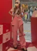 Kvinnors jeans rosa hög midja sommarlånga byxa kvinnor hål mode lösa breda ben veckade damer byxor koreansk stil casual kvinna byxor