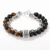 Link Bracelets Chain Tiger Eye Stone Beaded Men's Bracelet For Men Stainless Steel Gunmetal Yoga Viking Male Jewelry 287n