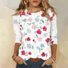 Sweats à capuche pour femmes Tops Mujer Round Neck Fashion Print 3/4 Manches T-shirt Floral Top Slim Top Casual Clothes for Women