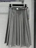 Skirts Fashion Runway Summer Party Grey Color Elegant Long Skirt Women's High Waist Belt Slim A-Line Pleated