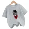 T-shirts Cool Petit chat portant un chapeau denim t-shirt garçon à manches courtes t-shirt amusant t-shirt Childrens Clothingl240509