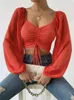2023 Tops Womans Sleeve Puff Sexy Close-Finting Summer et Spring Lace Up Vneck Fashion Color solide Simple Long 240509