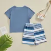 Kläduppsättningar Småbarn Boys 2 Piece Outfits Letter Print Kort ärm T-shirt och elastiska randiga shorts för Summer Clothes Set