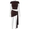 Dames solide tweedelig sexy schouder korte mouwen geplooide slanke crop top met kant en bodycon mini strak casual set 240426