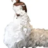 Arabiska plus -storlek Mermaid Wedding Dresses Elegant Beading Applique Wedding Clown Tiered Ruffles Pleat Train Brudklänning