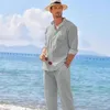 Mens Casual Linen Two Piece Sets Europe Style Vintage Basic Tops and Solid Pants Suit Male Beach Tracksuits Set 240425