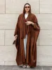 Vêtements ethniques Ramadan Dubai Pink Satin Modest Modest Open Butwing Batwing Kimono Abaya Cardigan Islam Robe musulmane pour femmes Kebaya Robe