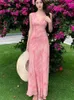 カジュアルドレス2024年夏、甘いピンクスリムvネックノースリーブバックレスベストロングドレス女性セクシーなクラブバースデーパーティーイブニングベスティドス