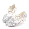 Fashion Kid Leather Shoe Summer Paillin Princess Shoe Crystal Heel Sandals Kidschoenen Meisje Jurken Mary Jane Girl Shoes 240508