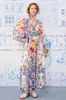 Robes décontractées Femme V cou de coude épaisse grosse grande manche de fleur rétro imprimement fleurie maxi