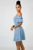 Partykleider von Schulterkleidern Frauen 2024 Sommer Koreanischer Stil Vintage Kurzarm Slash Hals schlank eine Linie Blue Denim Vestidos