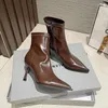 Boots 2024 Winter Elegant Women Sexy Club High Heels Stiletto Elastic Pu Leather Ankle Beige Brown Stripper Shoes