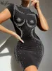 HugCitar Shine pailled Black Short Sleeve Elegant Sexy Bodycon Mini Robe Prom Summer Women Fashion Tenfit Party Club 240509