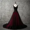 Vestidos de noiva góticos vermelhos e pretos vintage 2019 V Apliques de renda com miçangas sem mangas de pescoço A-line Tulle vintage não vestidos de noiva não brancos 313x