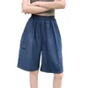 Damskie szorty Vintage Blue Work Prosta kieszeń Dżins Elastic Elastic High Talle Casual Chicka Loose dżins Short Pant 2024