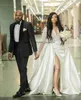 Ilusão Pearls Crystal Country Wedding Vestres 2023 Africano Slave Longa Divisão Split Satin Church Garden Garden Bridal Recepção Robe de Mariee