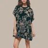 Lässige Kleider Vintage floral bedrucktes Samtkleid Rüschen Saum Rundes Hals kurzärmelig Sommer fließend für Frauen elegant