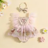 Rompers nouveau-né bébé fille douce roberie robedcuted broderie fleur manche en filet bowknot hairband princesse tenues h240508