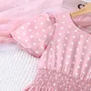 Abiti da ragazza 2024 Arrivo estivo Girls Short Short Ock Dot Designer Pink Cute Party Dress Abito Custume 4-9T