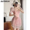 Damskie stroje kąpielowe słodka dziewczyna w stylu księżniczki wakacje One Piece Swimsuit Summer Spring Pink Pettisplatt krótkie rękawowe kostium kąpielowy