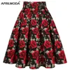 Röcke 3xl hohe Taille Blumenfelsenfalt gefaltet Ski Womens Sommer Red Rose BOHE 50S 60S RETRO SKI MIDI Übergroße Kleidung 2405