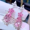 Boucles d'oreilles en peluche et bijoux fins réels pur 18k or blanc or au750 rose naturel rose bingstone gemme 7.38ct drop pour les femmes