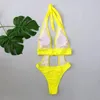 Kvinnors badkläder fluorescerande gul en bit baddräkt Kvinnor Solid färg Hög midja ihålig bälte Bikini Monokini 2024 Summer Beach