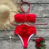 İki parçalı kadınlar çiçek dantel up push-up yastıklı sutyen beyaz bikini set mayo mayo mayo plaj kıyafeti biquini 240507