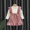 Abiti da ragazza Autunno per bambini abiti da ragazza vestito a maniche lunghe a maniche lunghe+abito cinghie 2pcs set di biota da panoramica abito da bambino a due pezzi A854