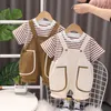 Kleidungssets 2024 Korean Fashion Baby Boy Kleidung 18 bis 24 Monate Striped Short Sleeve T-Shirts Overalls Tracksan für Kinder Jungen Outfit Set