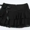 Skirts Sexy Lace Skirt Korean Y2k Faldas Women Strappy Bowknot Gothic Style Dark Black Double Layer Fairy Harajuku Streetwear