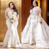Gorgeous Plus Size Mermaid Wedding Dresses Bridal Gown with Detachable Train Long Sleeves Lace Applique Custom Made Jewel Neckline vestido de novia 2023 0509