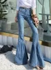 Jeans féminins printemps et automne 2024 couleur claire cloche-fond rétro taille haute couture slim slim fit large pantalon denim de jambe