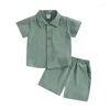 Vêtements Ensembles de mode d'été pour enfants pour enfants garçons vêtements décontractés en coton lin à manches courtes bouton de poche t-shirts élastiques shorts de taille élastique tenues